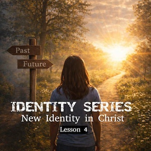 May include: A person walking on a path towards a bright sunset. Wooden signposts point to "Past" and "Future." The image includes the text "IDENTITY SERIES New Identity in Christ Lesson 4."