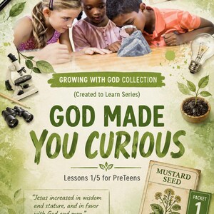 Könnte beinhalten: Ein pädagogisches Buchcover mit dem Titel God Made You Curious aus der Growing With God Collection. Es zeigt drei Kinder, die einen Stein mit einer Lupe untersuchen, umgeben von Illustrationen eines Mikroskops, eines Fernglases, einer Glühbirne und einer Senfsamenpackung.