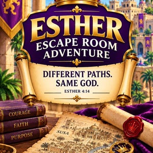 以下が含まれることがあります： Esther Escape Room Adventureのデジタルグラフィック。金の王冠、Different Paths. Same God. Esther 4:14と書かれた巻物、スサの地図、Courage、Faith、Purposeと記された3冊の紫色の本、赤い封蝋が付いた金の鍵が描かれています。