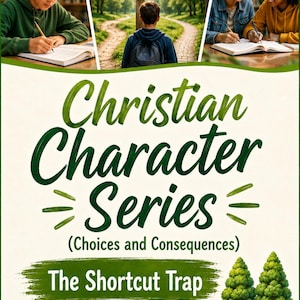 May include: A book cover for the "Christian Character Series" titled "The Shortcut Trap." The cover shows young people studying and a signpost with "Easy Way" and "Right Way." The text includes "Lesson 2/5 for PreTeens."