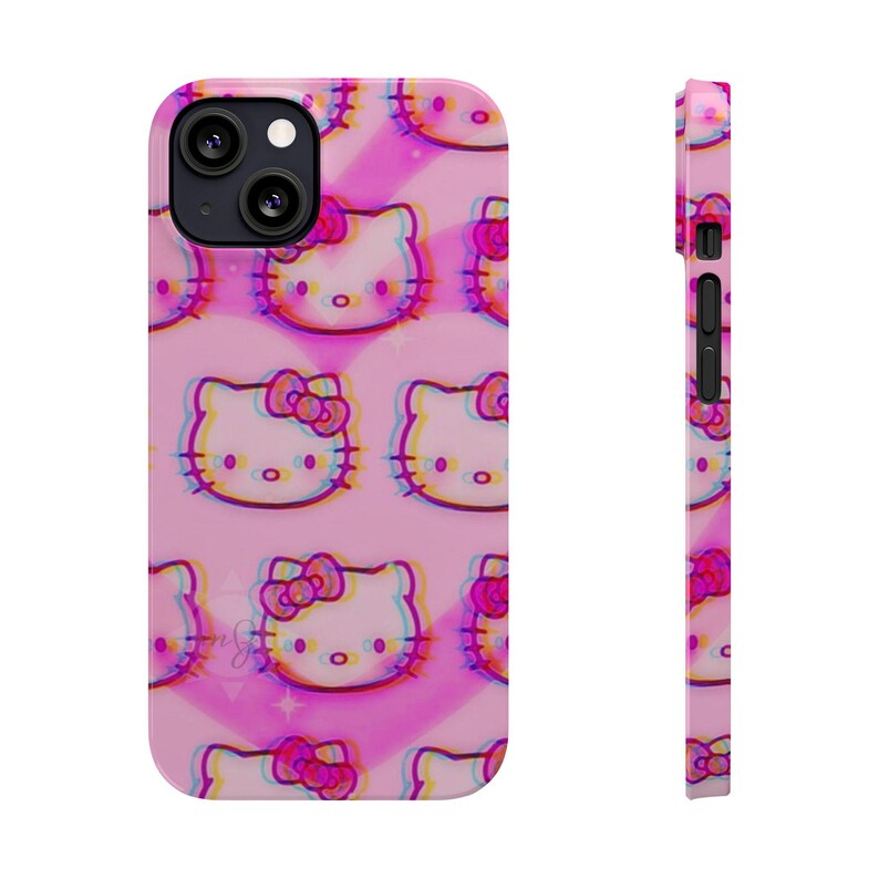 Slim telefoonhoesje met kawaii kattenpatroon | Roze retro glitch Hello Kitty-stijl afbeelding 16