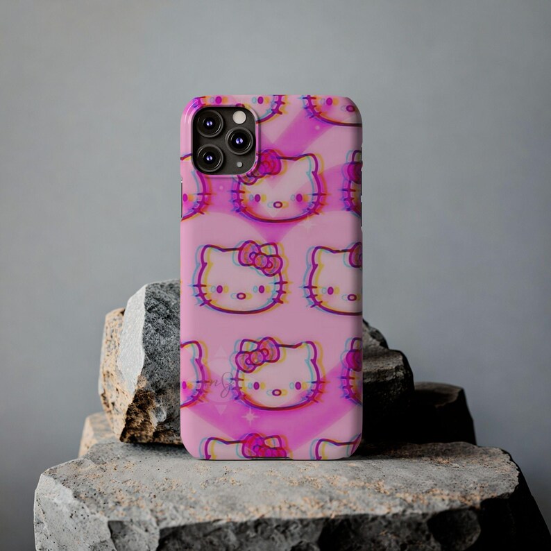 Slim telefoonhoesje met kawaii kattenpatroon | Roze retro glitch Hello Kitty-stijl afbeelding 15
