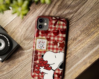Snoopy Heart Hug Slim Phone Case | Red Gingham Cherry Pattern