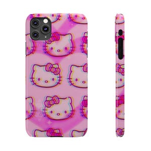 Slim telefoonhoesje met kawaii kattenpatroon | Roze retro glitch Hello Kitty-stijl afbeelding 11