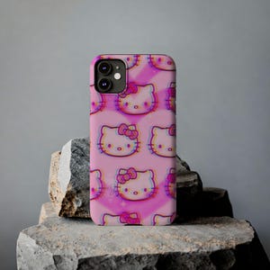 Slim telefoonhoesje met kawaii kattenpatroon | Roze retro glitch Hello Kitty-stijl afbeelding 5