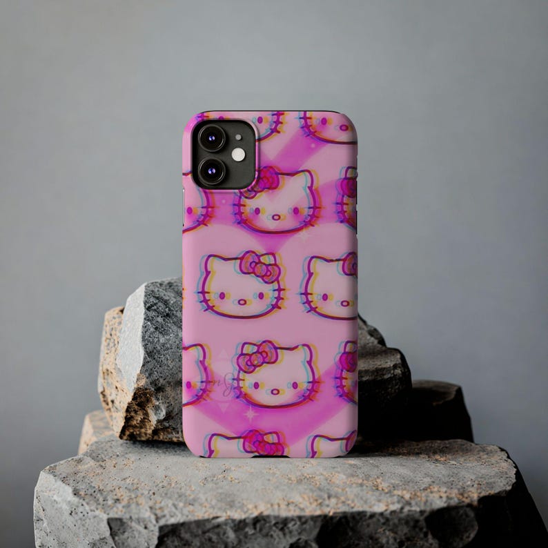 Slim telefoonhoesje met kawaii kattenpatroon | Roze retro glitch Hello Kitty-stijl afbeelding 5