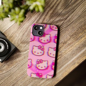 Slim telefoonhoesje met kawaii kattenpatroon | Roze retro glitch Hello Kitty-stijl afbeelding 19