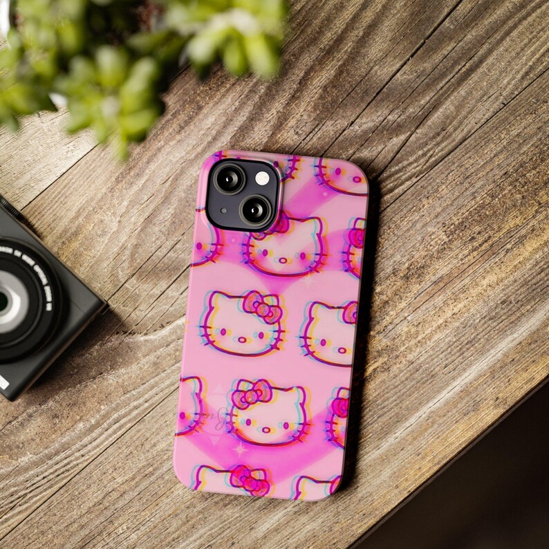 Slim telefoonhoesje met kawaii kattenpatroon | Roze retro glitch Hello Kitty-stijl afbeelding 19