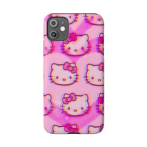 Slim telefoonhoesje met kawaii kattenpatroon | Roze retro glitch Hello Kitty-stijl afbeelding 2