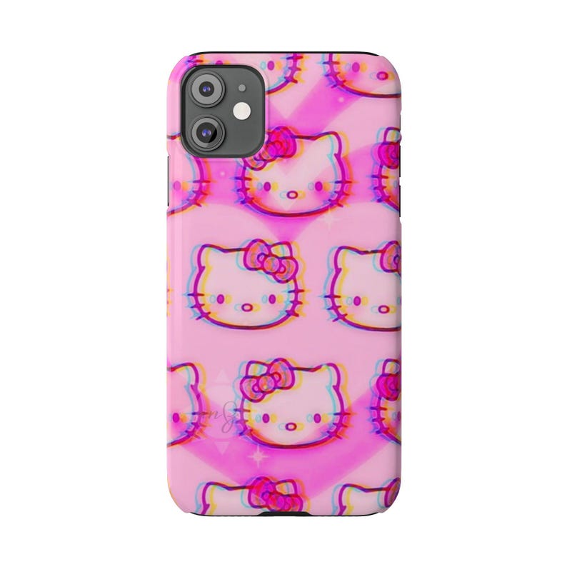 Slim telefoonhoesje met kawaii kattenpatroon | Roze retro glitch Hello Kitty-stijl afbeelding 2