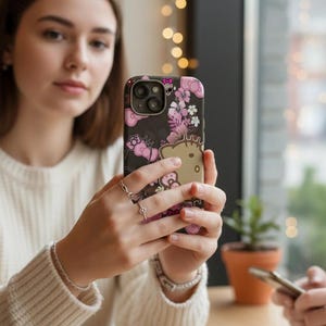 Brown Hello Kitty Floral Skull Slim Phone Case | Pink Bows, Tropical Flowers image 2