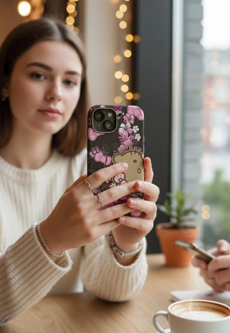 Brown Hello Kitty Floral Skull Slim Phone Case | Pink Bows, Tropical Flowers image 2