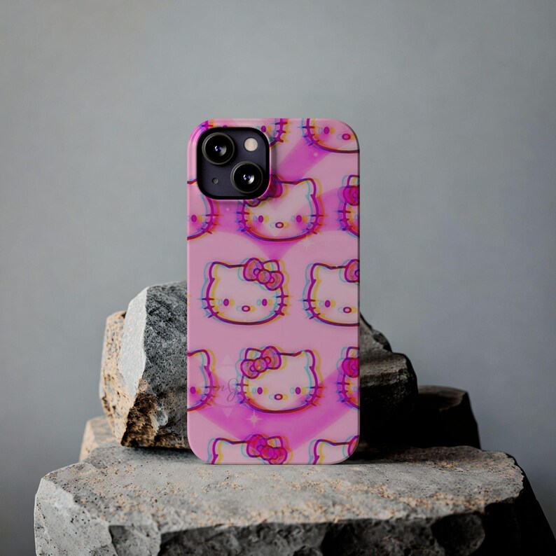 Slim telefoonhoesje met kawaii kattenpatroon | Roze retro glitch Hello Kitty-stijl afbeelding 20