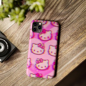 Slim telefoonhoesje met kawaii kattenpatroon | Roze retro glitch Hello Kitty-stijl afbeelding 14