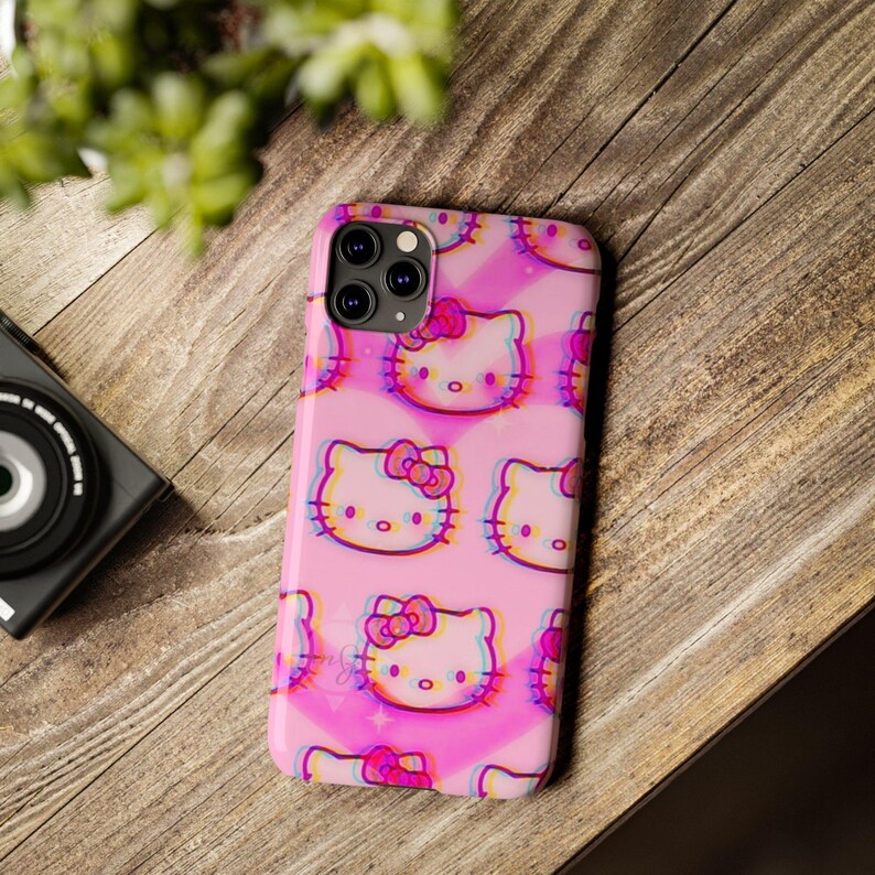 Slim telefoonhoesje met kawaii kattenpatroon | Roze retro glitch Hello Kitty-stijl afbeelding 14
