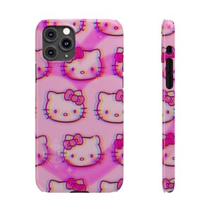 Slim telefoonhoesje met kawaii kattenpatroon | Roze retro glitch Hello Kitty-stijl afbeelding 6
