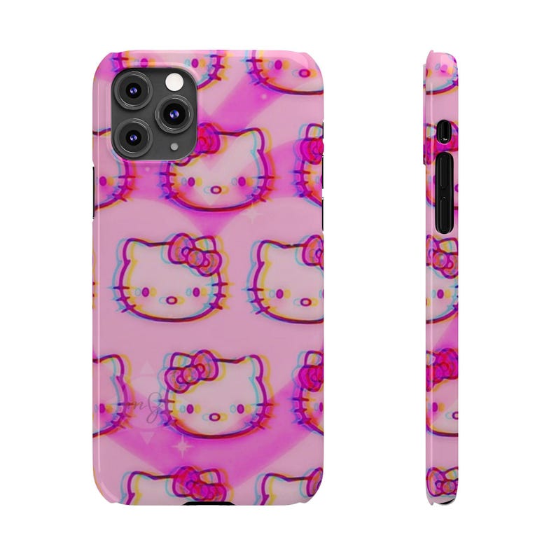 Slim telefoonhoesje met kawaii kattenpatroon | Roze retro glitch Hello Kitty-stijl afbeelding 6