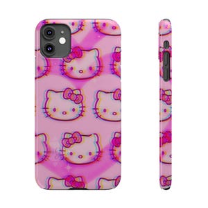 Slim telefoonhoesje met kawaii kattenpatroon | Roze retro glitch Hello Kitty-stijl afbeelding 1