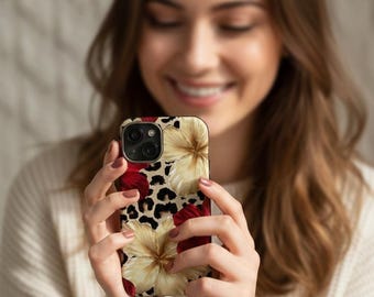 Red and Gold Hibiscus on Leopard Slim Phone Case | Floral Animal Print
