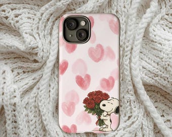 Snoopy with Roses Slim Phone Case | Pink Heart Pattern, Valentine Theme