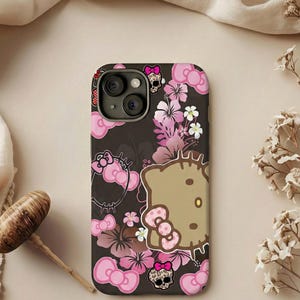 Brown Hello Kitty Floral Skull Slim Phone Case | Pink Bows, Tropical Flowers image 1