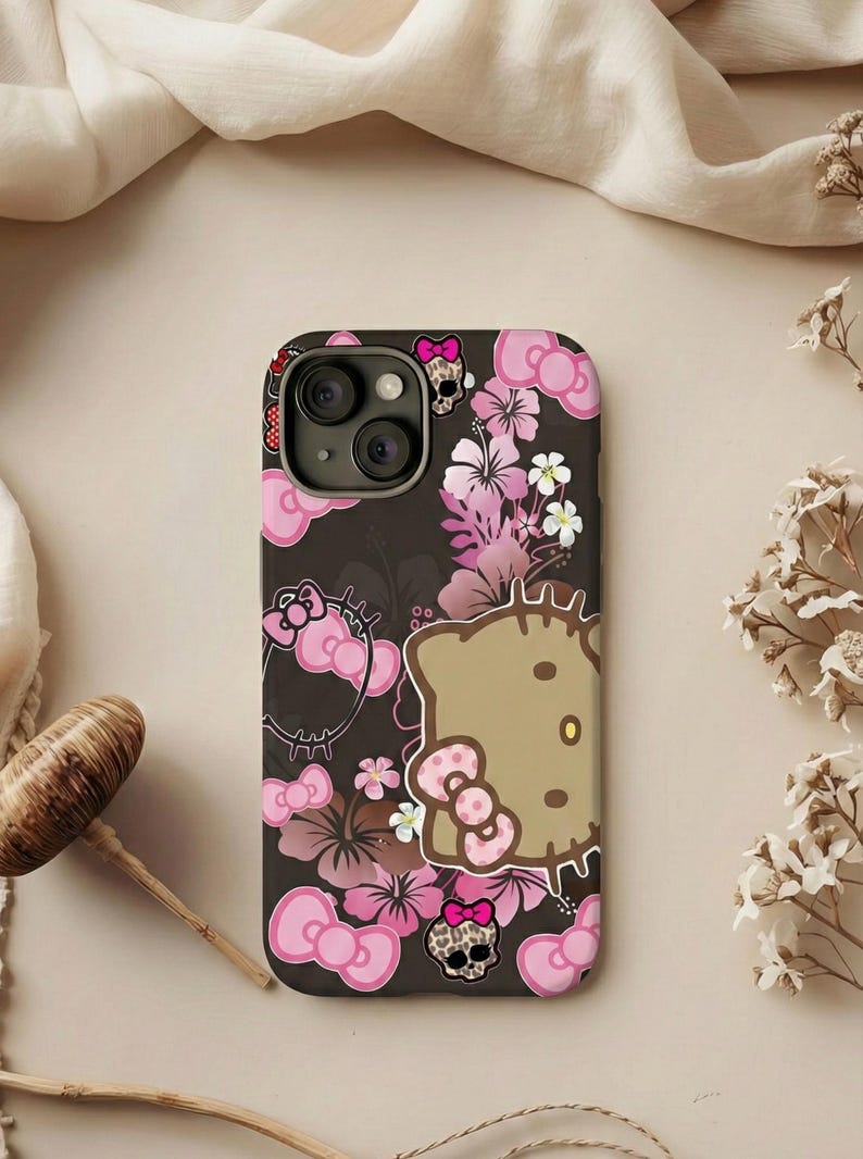 Brown Hello Kitty Floral Skull Slim Phone Case | Pink Bows, Tropical Flowers image 1