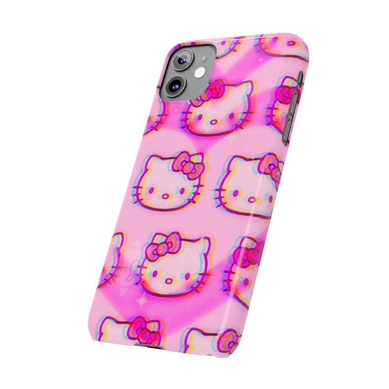 Slim telefoonhoesje met kawaii kattenpatroon | Roze retro glitch Hello Kitty-stijl afbeelding 3