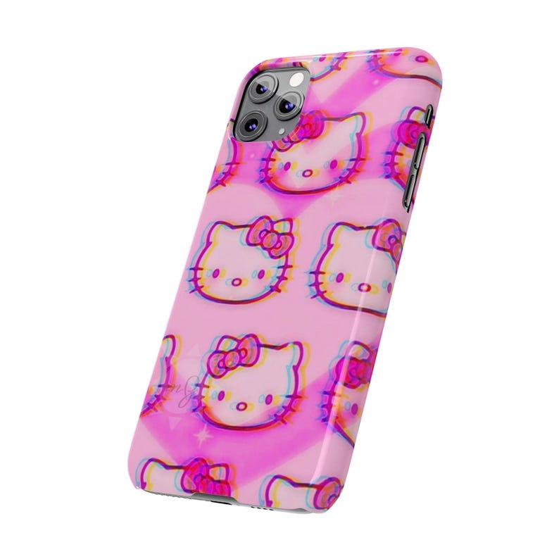 Slim telefoonhoesje met kawaii kattenpatroon | Roze retro glitch Hello Kitty-stijl afbeelding 13