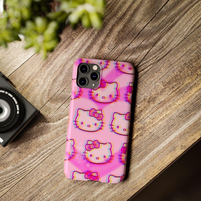 Slim telefoonhoesje met kawaii kattenpatroon | Roze retro glitch Hello Kitty-stijl afbeelding 9