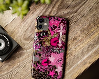 Pink Leopard Collage Slim Phone Case | Lipstick Cross Stars