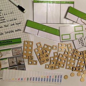 May include: A comprehensive math kit with various educational tools. Includes wooden Numicon pieces, counters, number cards, and a whiteboard with a pen. The kit also features activity sheets and models for place value and subitizing. The text on the whiteboard reads "The Ultimate Complete maths Kit!"