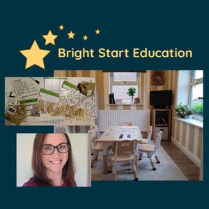 May include: The image shows a classroom setting with the text "Bright Start Education" and a smiling woman wearing glasses. A table and chairs are set up in the room, along with a whiteboard and other educational materials. The room has a window and a television.