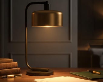 Brass Table Lamp, Blackened Bronze Metal Shade, Mid Century Reading Light