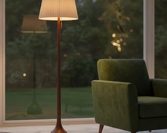 Mid Century Modern Oak Floor Lamp, Solid Wood Base, pleated Shade, Vintage Light