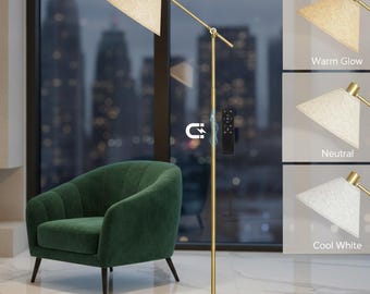 Gold Arc Floor Lamp, Dimmable LED Reading Light, Remote Control, Modern Style