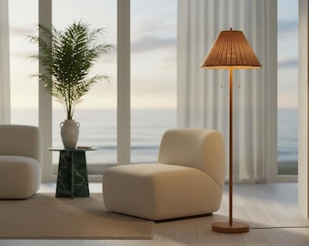 Boho Rattan Floor Lamp, Coastal Mid Century Wood Finish Reading Light