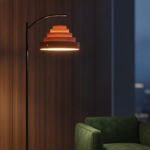 Mid Century Modern Layered Wood Floor Lamp, Dark Oak Reading Light