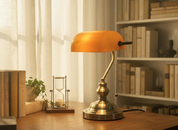 Vintage Bankers Desk Lamp, Amber Glass Shade, Adjustable Bronze Library Light