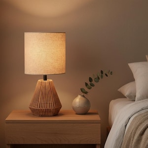 Rattan Table Lamp, Boho Linen Shade, Small Bedside Nightstand Light