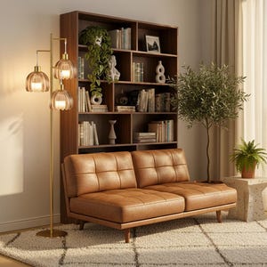 May include: A living room scene featuring a brown leather sofa, a wooden bookshelf filled with books and decor, and a gold floor lamp with three glass shades. The room is decorated with plants and a neutral-toned rug.