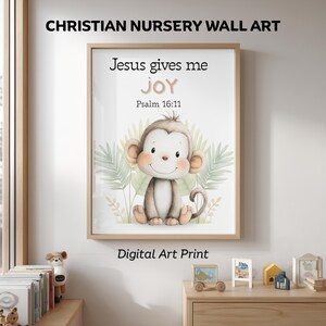 Christian Nursery Wall Art, Monkey Safari Nursery “Jesus Gives Me Joy", Bible Verse Print, Printable Kids Decor