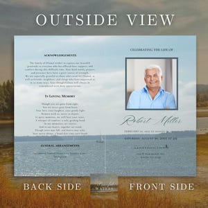 May include: A funeral service program featuring a photograph of a man in a blue shirt. The program includes text about celebrating a life, acknowledgements, and funeral arrangements. The background shows a waterscape.
