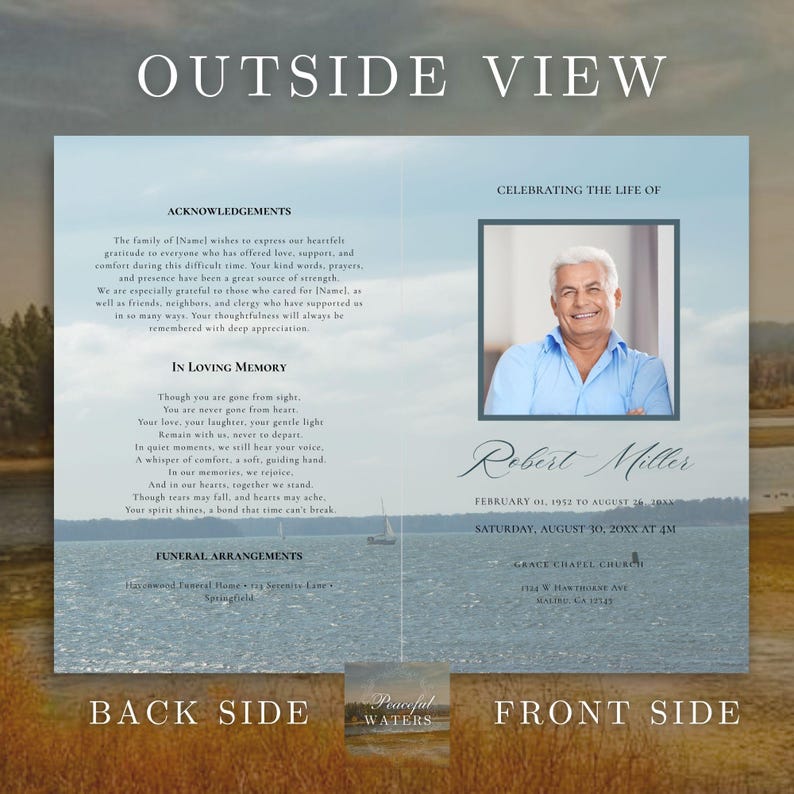 May include: A funeral service program featuring a photograph of a man in a blue shirt. The program includes text about celebrating a life, acknowledgements, and funeral arrangements. The background shows a waterscape.