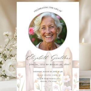 Pode incluir: Um cartão de programa funerário com um retrato circular de uma pessoa idosa de cabelos brancos. O texto diz CELEBRATING THE LIFE OF, Elizabeth Gualdoni, June 01, 1952 to August 26, 20XX, Saturday, August 30, 20XX at 4M, Grace Chapel Church, 1324 W Hawthorne Ave, Malibu, CA 12345.