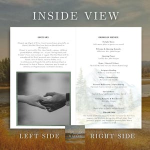 May include: A memorial service program with the words "INSIDE VIEW" at the top. The left side includes an obituary, and the right side lists the order of service. A black and white photo of two hands holding each other is in the center.