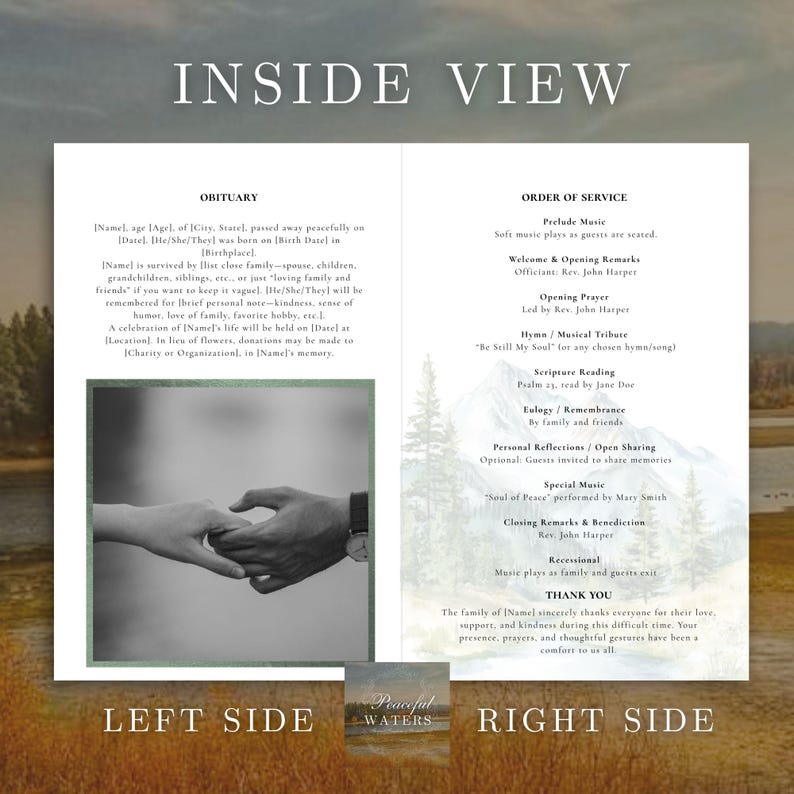 May include: A memorial service program with the words "INSIDE VIEW" at the top. The left side includes an obituary, and the right side lists the order of service. A black and white photo of two hands holding each other is in the center.