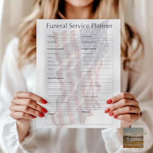 May include: A white Funeral Service Planner with a red, white, and blue American flag design in the background. The planner includes sections for personal details, ceremony details, special requests, and people to notify.
