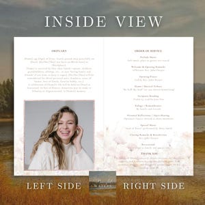 May include: Inside view of a memorial service program. The left side features an obituary with a photo of a smiling woman. The right side lists the order of service, including music and readings. The words "Peaceful Waters" are at the bottom.
