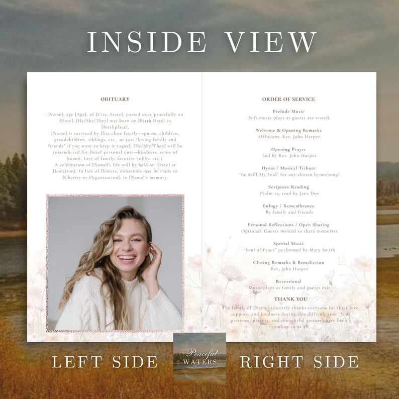 May include: Inside view of a memorial service program. The left side features an obituary with a photo of a smiling woman. The right side lists the order of service, including music and readings. The words "Peaceful Waters" are at the bottom.
