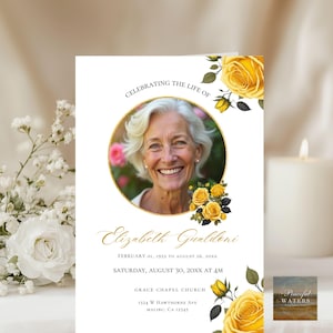 May include: A memorial card with a photo of a smiling woman, surrounded by yellow roses and green leaves. The text reads "Celebrating the Life of Elizabeth Gualdoni" with dates and service details. The card includes the Grace Chapel Church address.